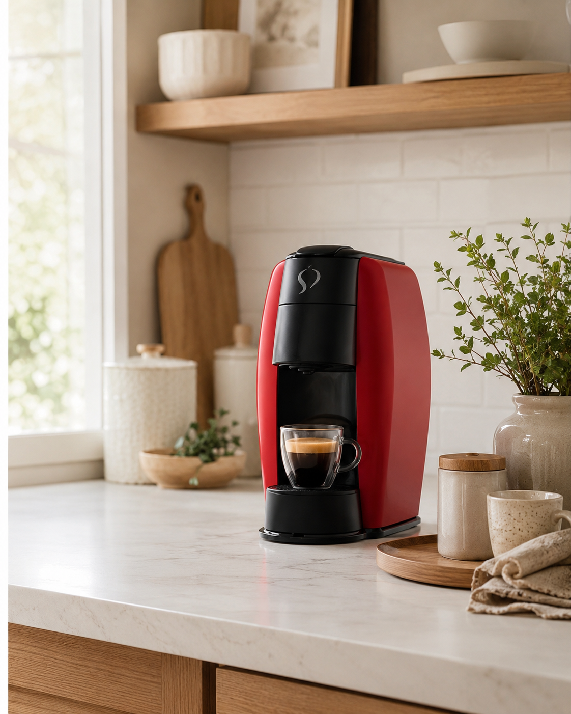 Cafeteira Três LOV vermelha em cozinha acolhedora