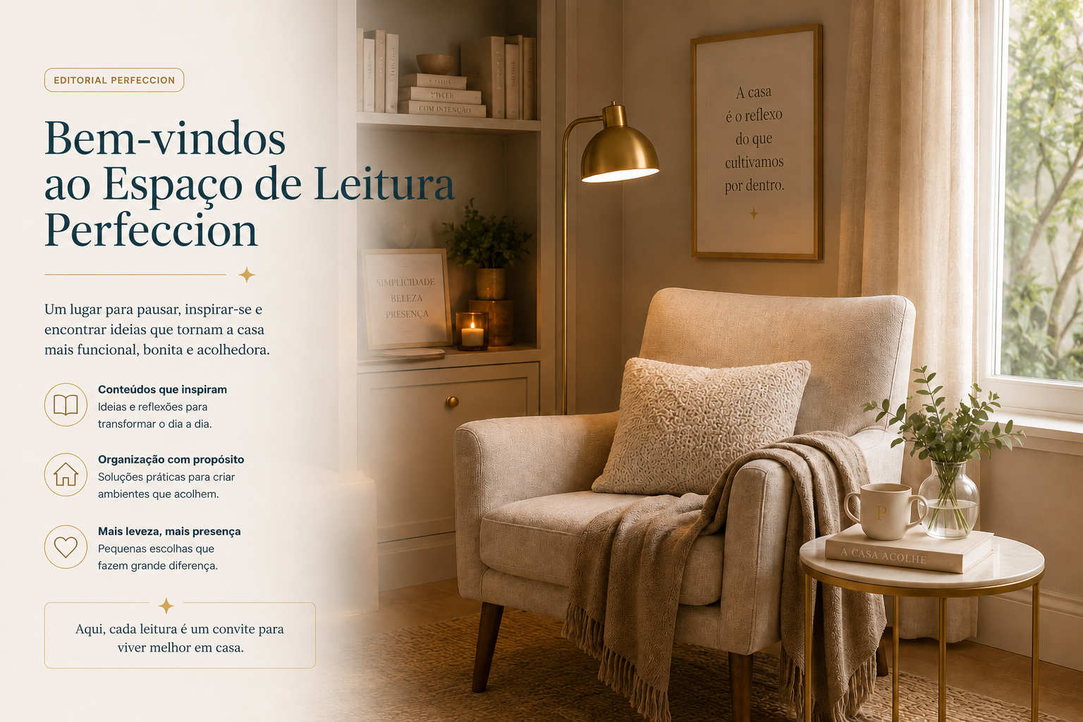 Espaço de leitura Perfeccion com poltrona acolhedora, luminária dourada, livros e luz natural