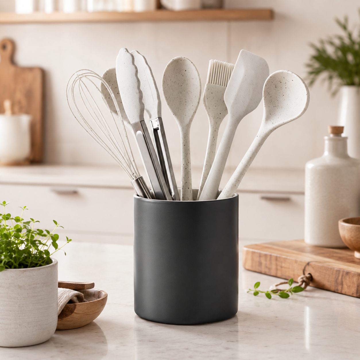 Utensílios de silicone e acessórios reunidos em um suporte sobre a bancada