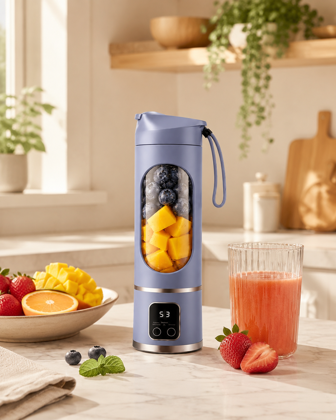 Liquidificador portátil para bebidas e preparos rápidos em uma cozinha clara