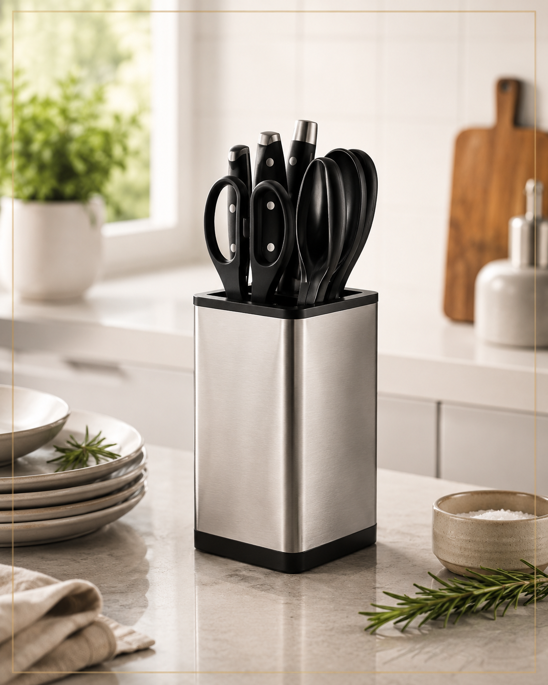 Cepo compacto em inox com facas e utensílios organizados sobre uma bancada